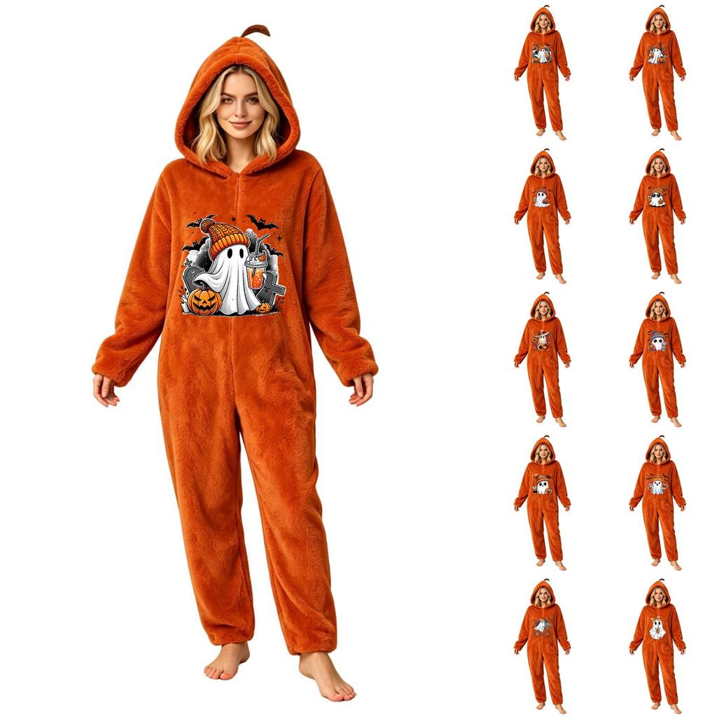 Women's Halloween Printed Flannel Romper Jumpsuit for Holiday Party and Loungewear
