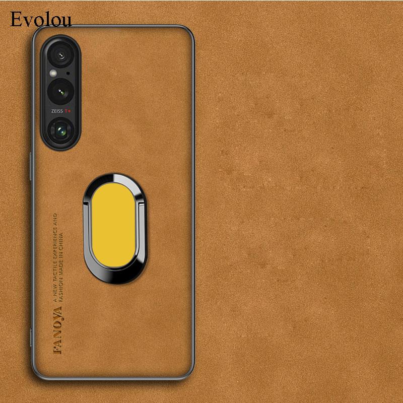 Para Sony Xperia 1 V 10 V Funda de Teléfono de Cuero de Oveja con Soporte de Anillo Magnético Para Xperia 1 V 10 V Cubierta Trasera con Protección de Lente