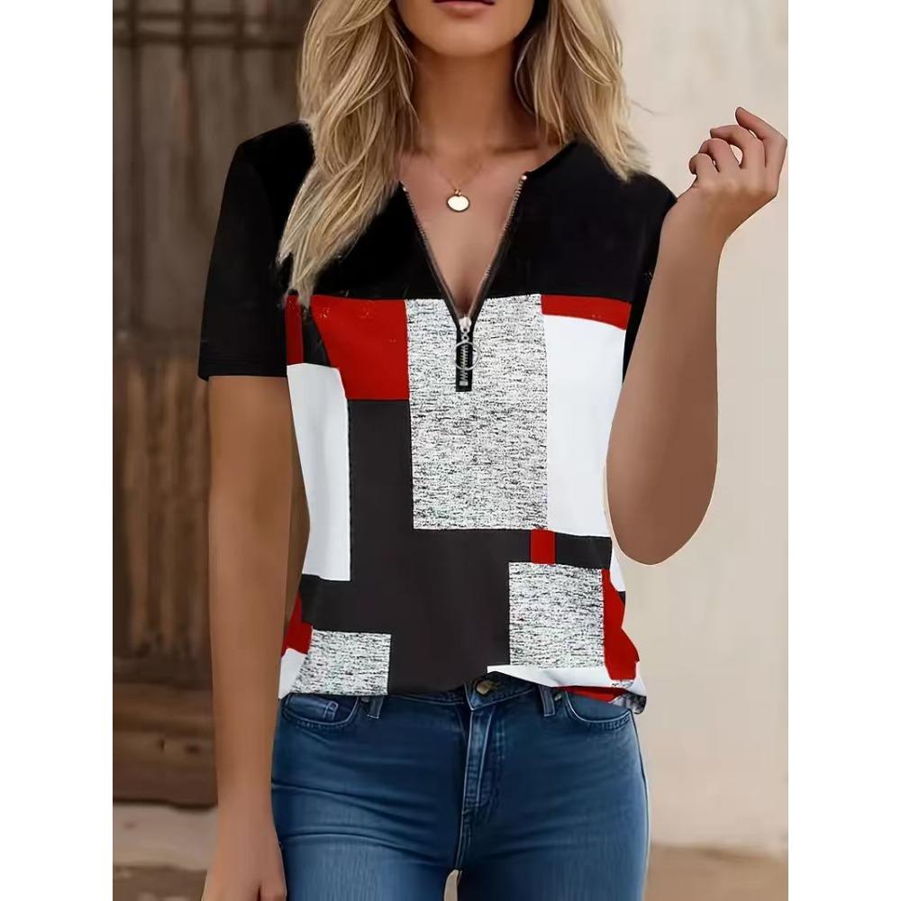 Women's Polo Shirt with Fashionable Zipper and Geometric Design, Summer Loose Short Sleeved T-shirt