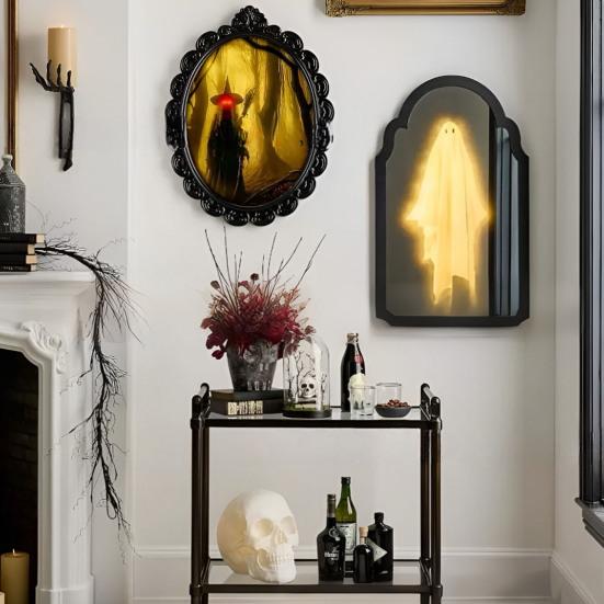 Witch Hologram Wall Mirror Spooky Halloween Glowing Ghost Mirror with Creepy Eyes for Indoor Bathroom Haunted House Decor