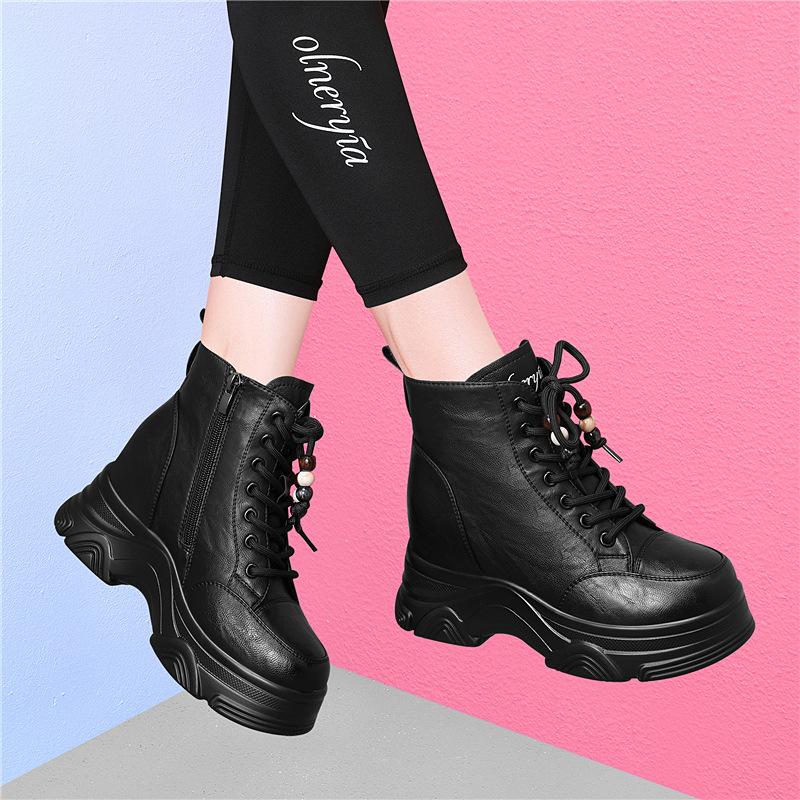 

Platform short boots women s autumn and winter new mid-heel women s leather shoes with velvet inner height increase black explosive boots 34