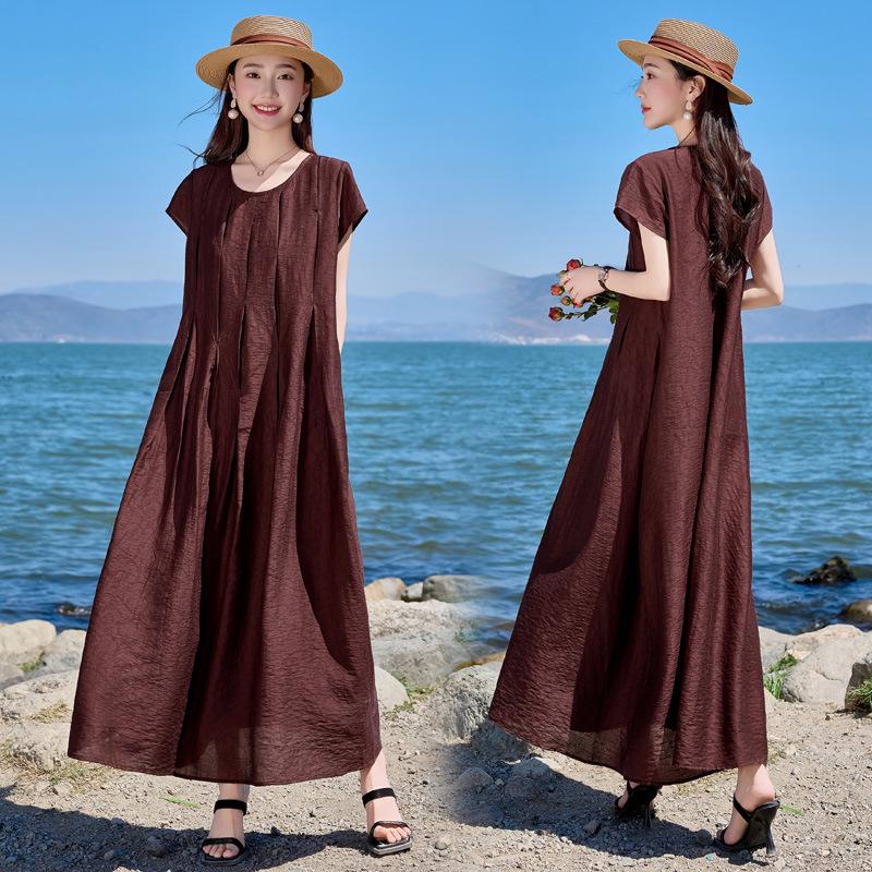 

2025 Women s Summer Slimming Versatile Round Neck Dress YG82961 M (90-115 lbs) красный/коричневый