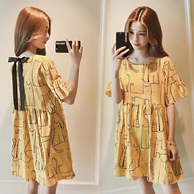 

Summer small round neck lotus leaf sleeve doll shirt, top hem fluffy loose large size simple wind A-shaped skirt cover 3XL жовтий