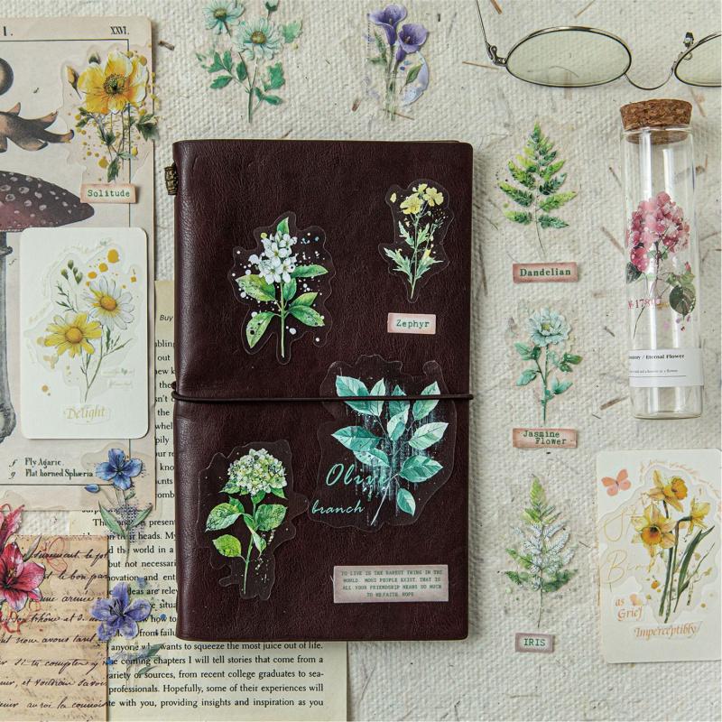 20-Sheet Vibrant Ink Botanical Illustration Stickers, Elegant Floral/Herb Motifs Smooth Surface, Easy to Peel for Handmade Card