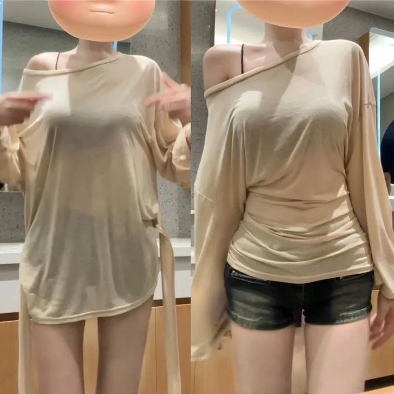 Women See Through Long Sleeve Oversize T Shirt Design Back Bandage Off Shoulder Top Female Long Tees Korean Lady
