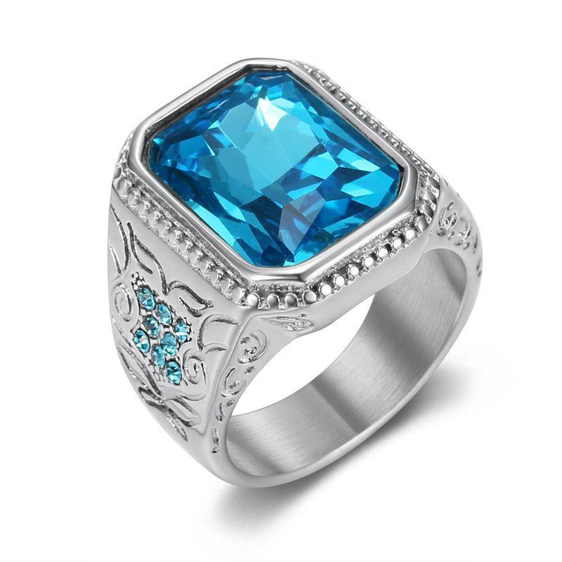 Hip Hop Iced Out Blue Square Ring Male Golden Color Stainless Steel Big Rapper Rings For Men Fashion Party  Gift