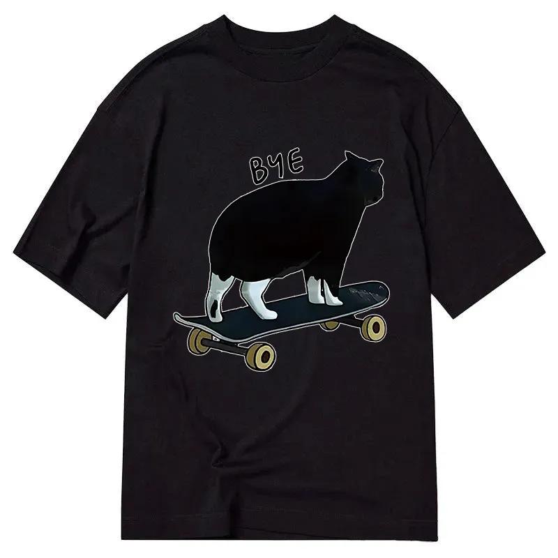 Bye Skateboarding Cat Tshirt Unisex Unisex Funny Cool Cat On Skateboard Print Oversized Casual Streetwear Short Sleeve Tee Tops