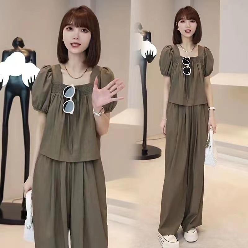 Elegant Square Neck Puff Sleeve Shirt Versatile Slimming Wide Leg Pants Two-piece Set Women's Summer Ice Silk Fashion Suit