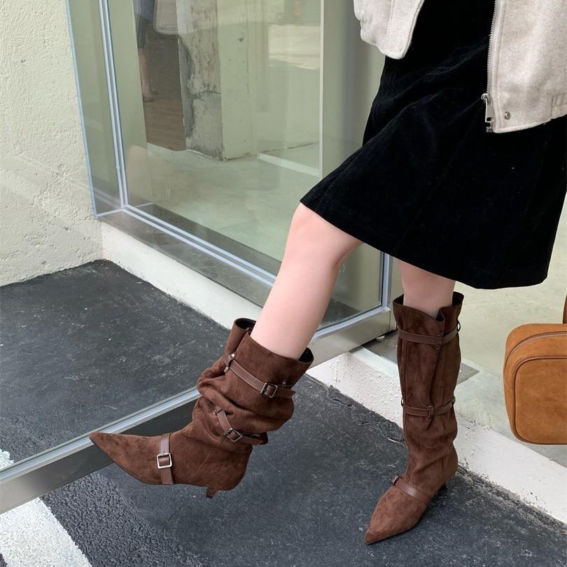 Pointed big tube around piled boots niche design retro western cowboy boots thick heel hot girl fashion sense long boots women