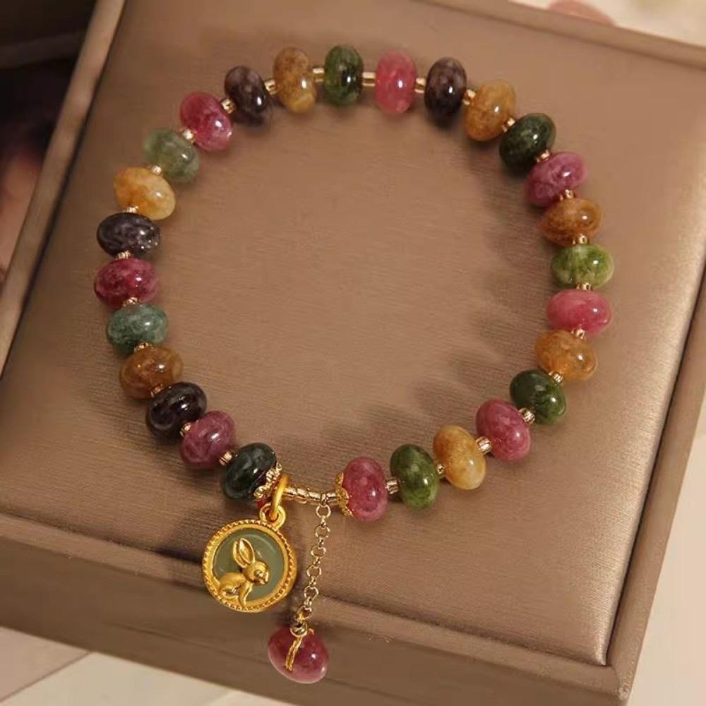 Colorful Bead String Bracelet Rabbit Pendant Beaded Hand Bangle Retro Stone Beads Bracelet  Girls