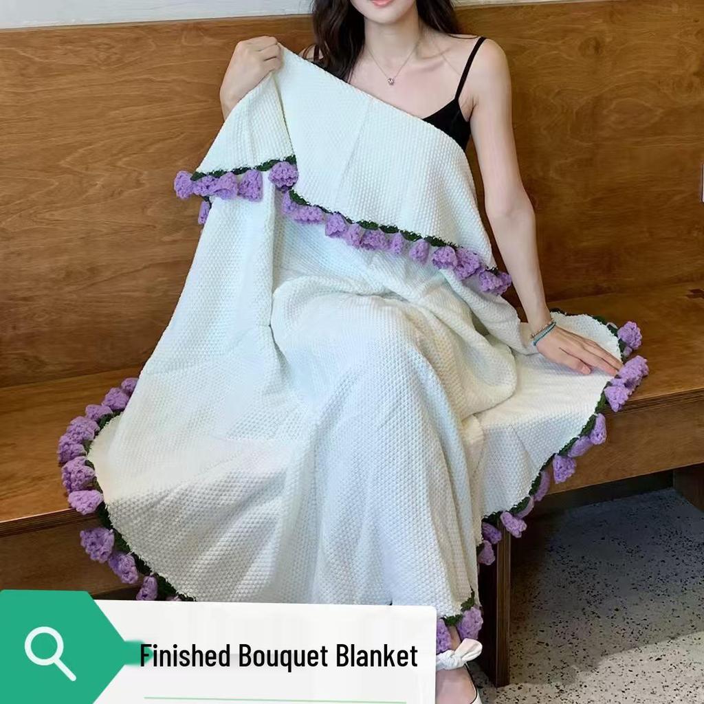 Handmade Knitted Rose Bouquet Round Crochet Flower Blanket