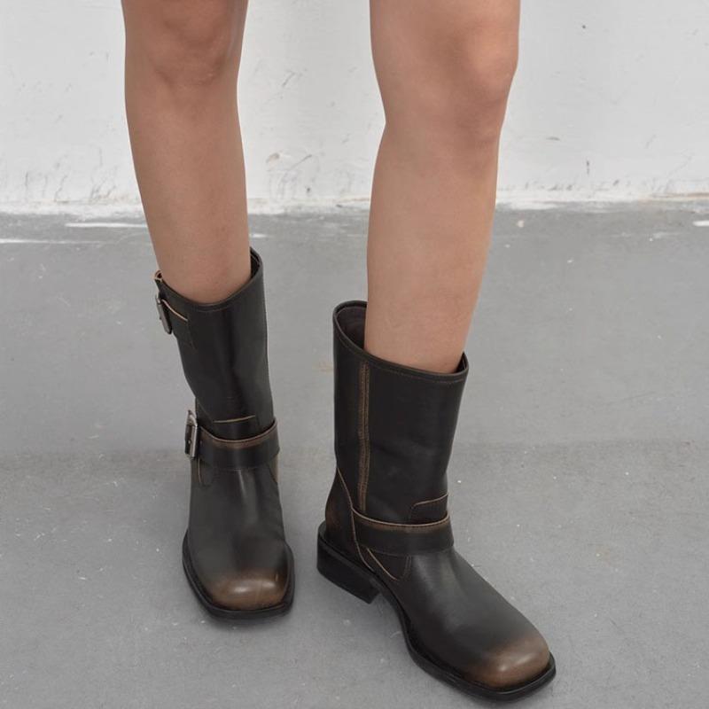 Hand-polished old retro short boots women's big tube circumference Spice girl style belt buckle knight boots tide