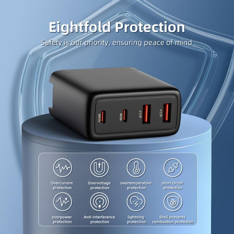 Multiple Port 100W  Fast Charging with 4 Outputs USB C Power Adapter for Laptops, Tablets, and Phones