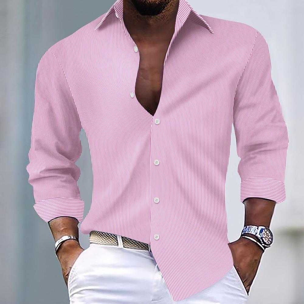 Camicia casual da uomo a righe con revers a maniche lunghe