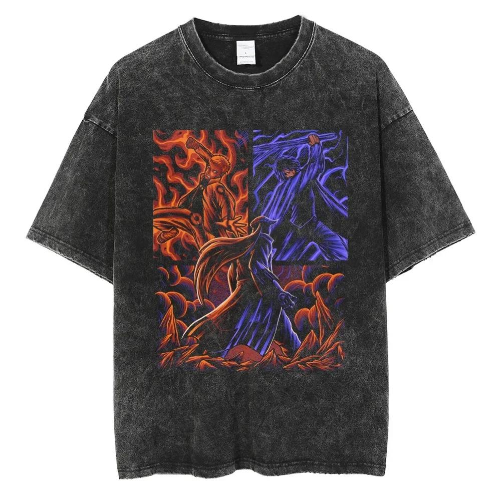 Harajuku Streetwear Vintage TShirt Japanese Anime Naruto Oversize T Shirt Washed Black Tshirt Men Summer Cotton Top Tees