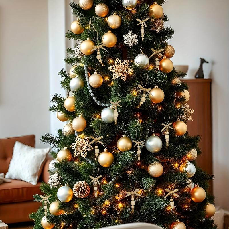 24pcs Bohemian Wooden Bead Christmas Tree Ornaments Natural Wood Beads & Gold Beads Bows Hanging Decor for Wreaths Holiday Trees