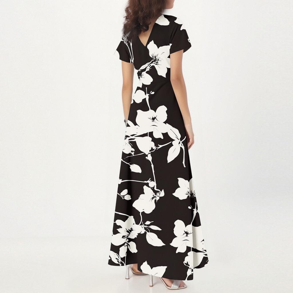Lässiges Damenkleid mit V-Ausschnitt, kurzen Ärmeln und hoher Taille, Retro-Blumenblatt-Print