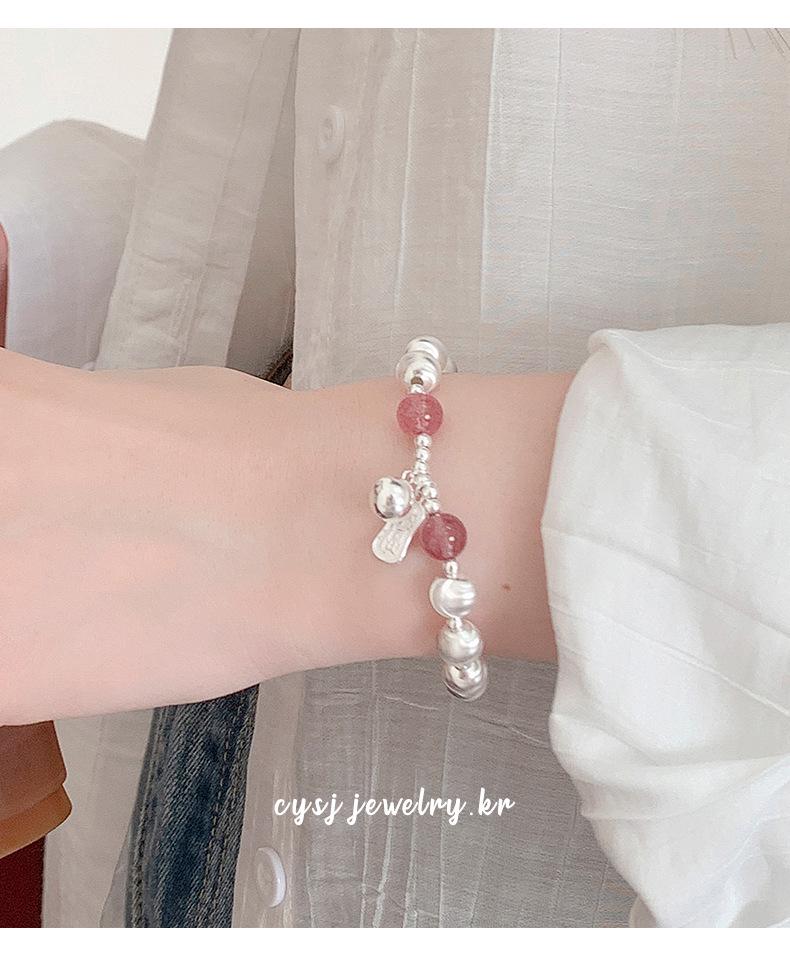 Strawberry Crystal Cat's Eye Bead Silver Bracelet - Korean Style Women's Fortune Charm.