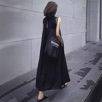 Vest Dress Children's Summer French Loose and Thin Sleeveless Long Dress Hepburn Style Backless Small Black Dress