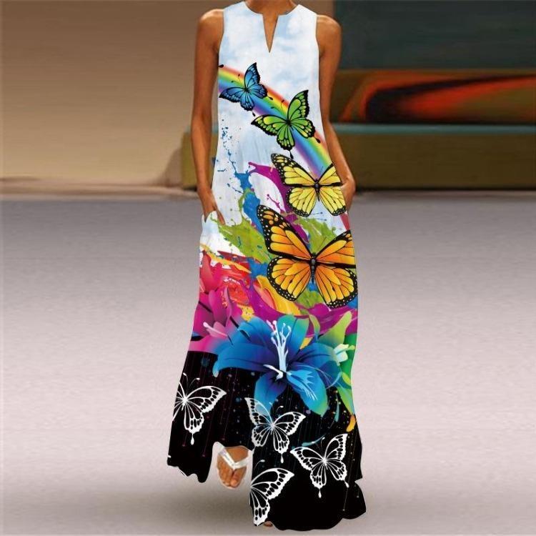 Summer Sleeveless V Neck Maxi Dress Women Digital Print Pocket European American Style Sizes S To 5XL