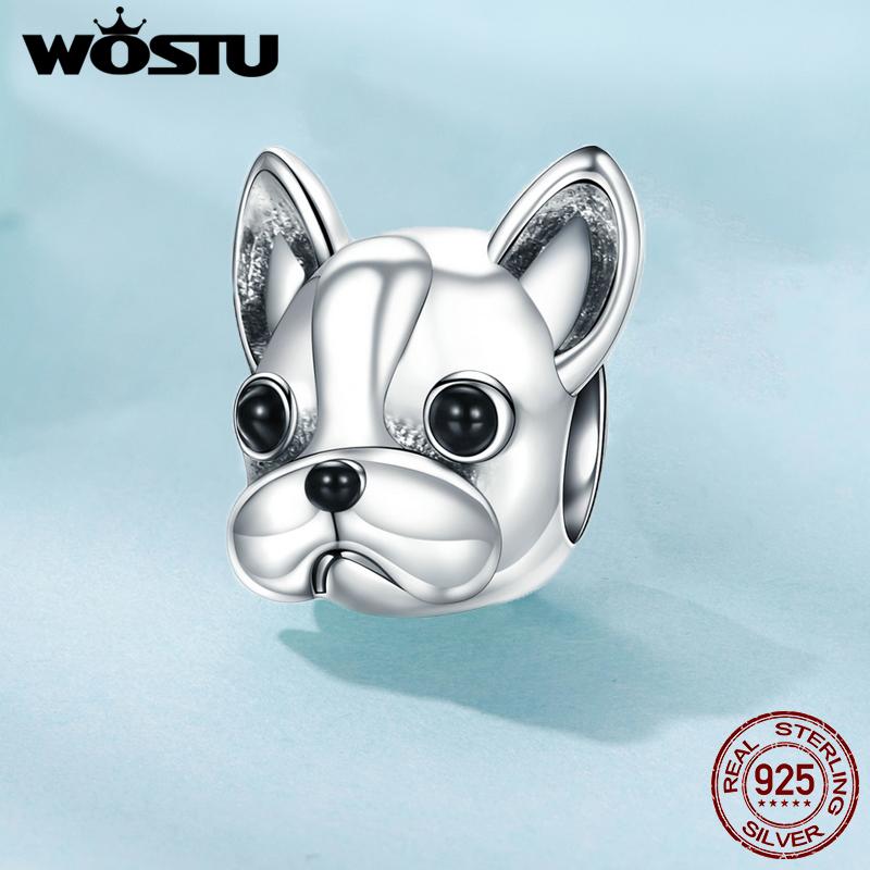 WOSTU 925 Sterling Silver Dog Charm Heart Animal Bead Black Boston Terrier Dachshund Pendant Fit DIY Bracelet Gift For Pet Lover