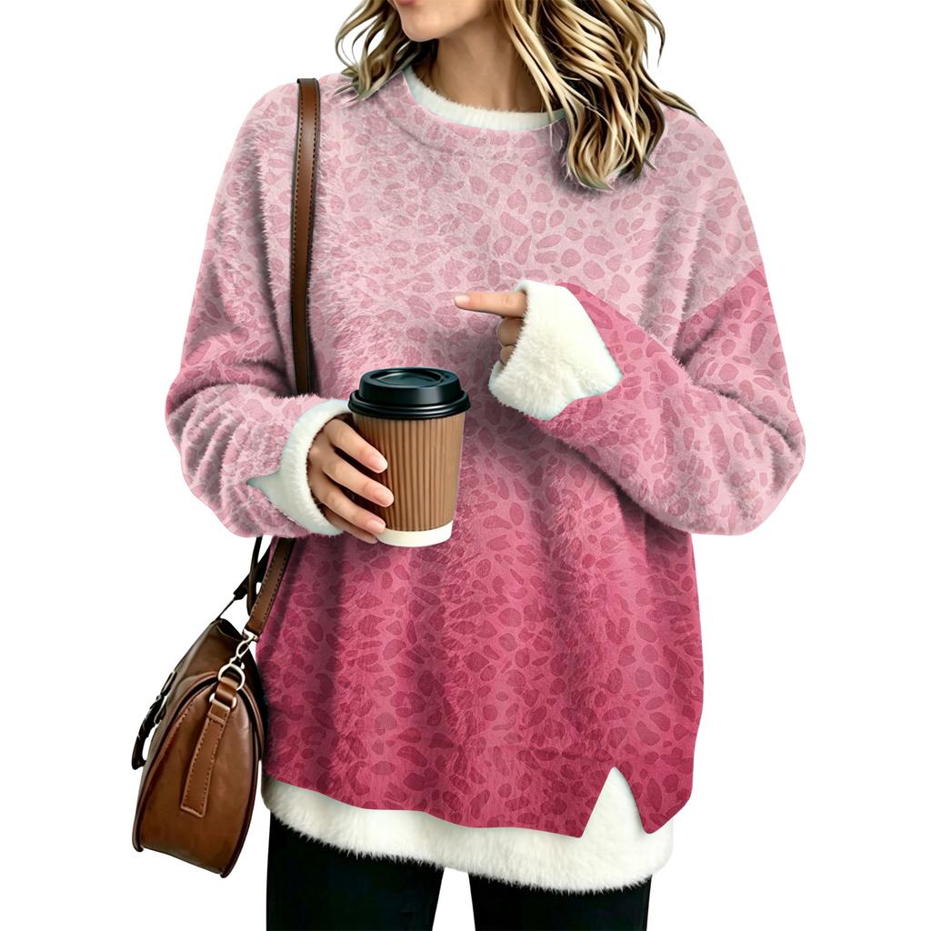 Women's Flannel Leopard Print Top, Round Neck Two-Piece Blouse for Casual Wear