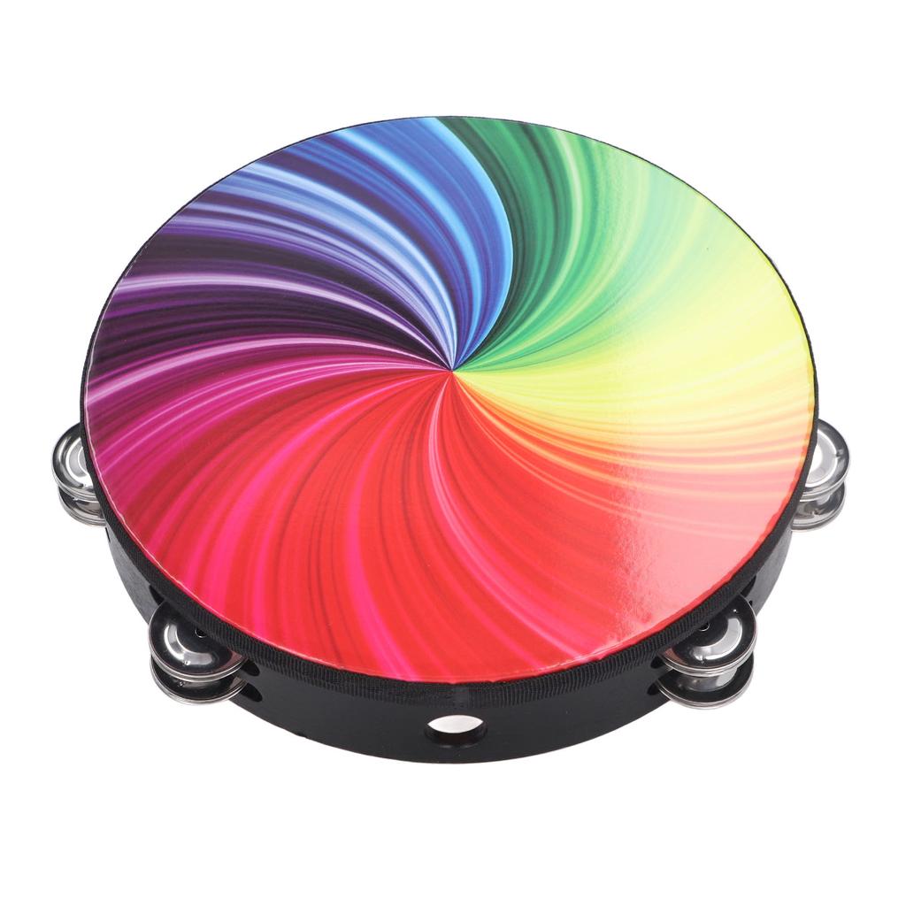 Handheld Tambourine 10 Inch Double Layer Bell Piece Solid Wood and PET Hand Held Drum Colorful