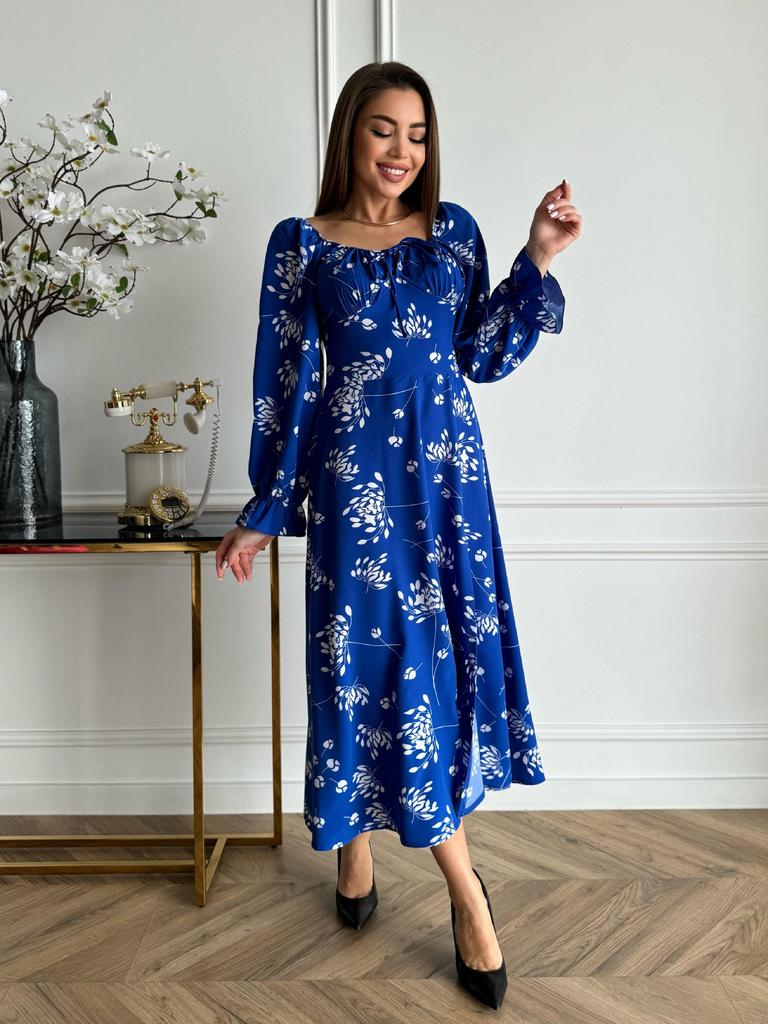 Синее цветочное платье с разрезом ISSA PLUS