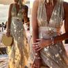 Deep V Neck Sleeveless Waist Tight Flowy Hem Sexy Dress Women Bronzing