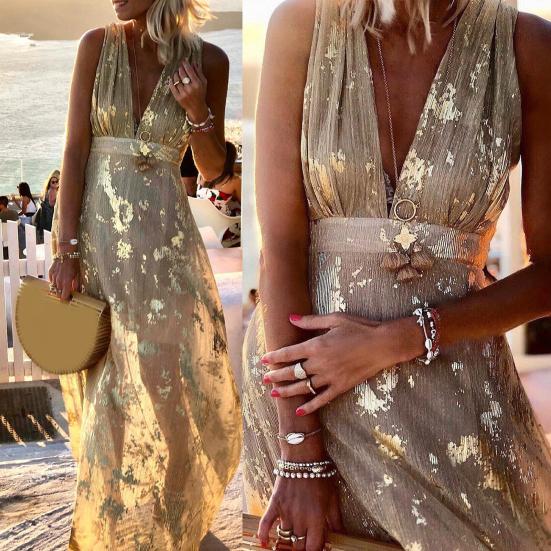 Deep V Neck Sleeveless Waist Tight Flowy Hem Sexy Dress Women Bronzing