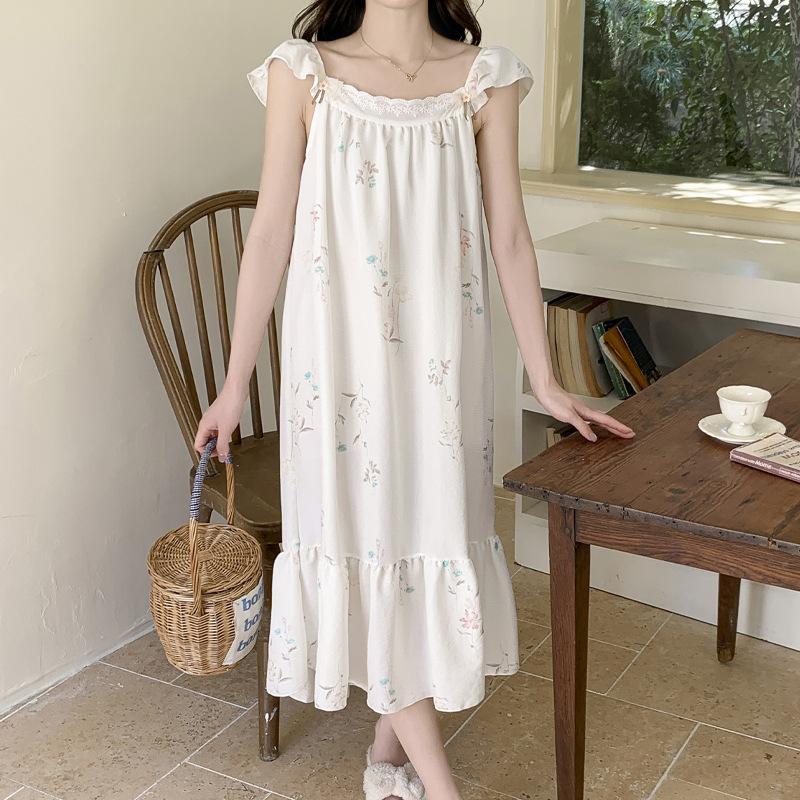 Cloud Cotton Summer New Small Fresh and Colorful Flower Cool Nightdress Light Breathable Pajamas Long Skirt Women's Loungewear