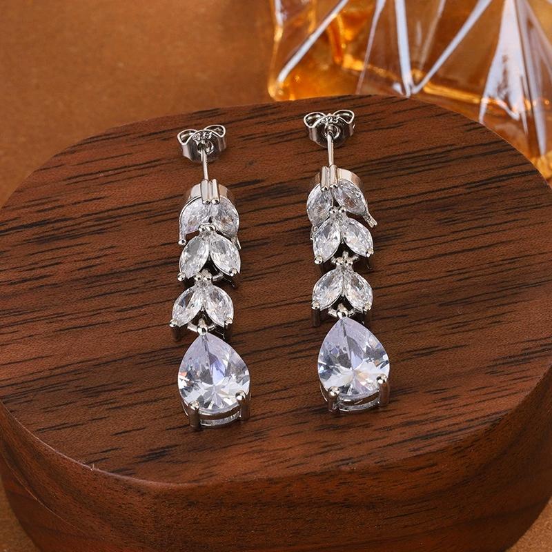 Fashion Leaf AAA Cubic Zirconia Wedding Bridal  Sterling Silver Dangle Earrings for Women Shiny Zircon Luxury Party