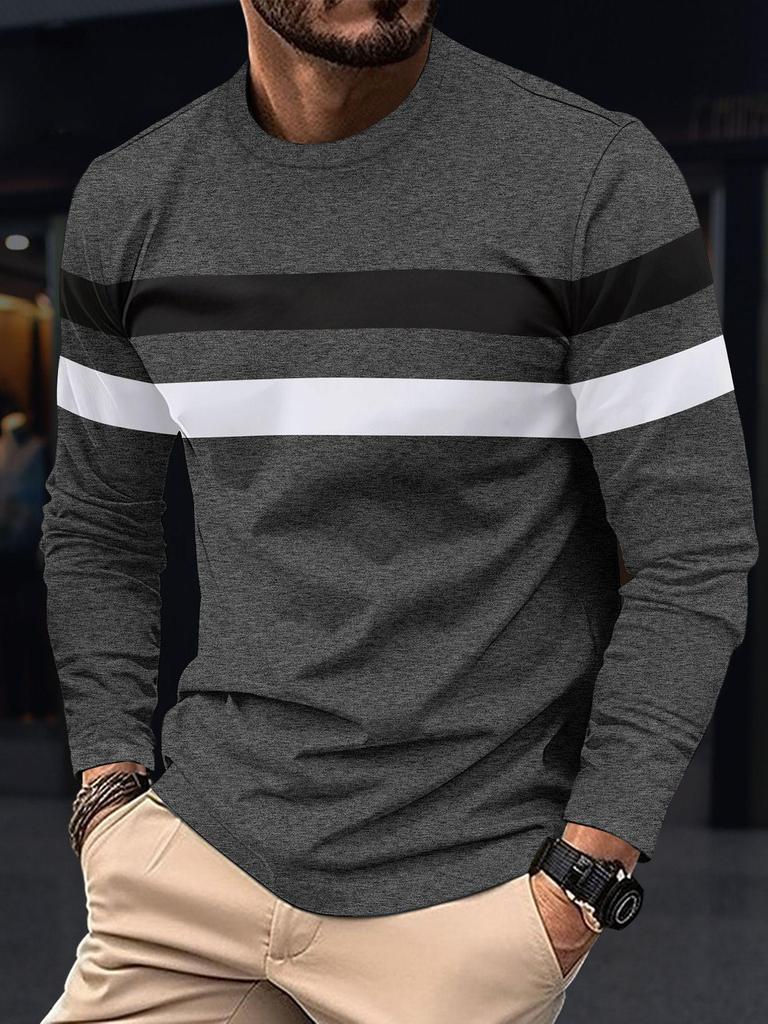 Plus Size Men's Color Block Crew Neck Long Sleeve Base Layer Pullover for Autumn & Winter