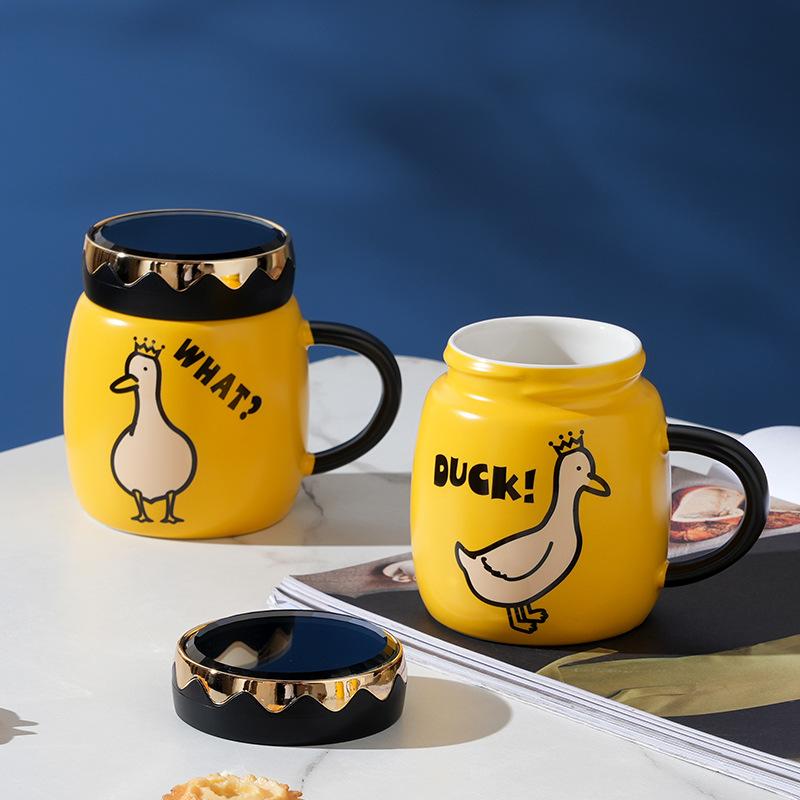 Anime Duck with Lid Mirror Mug Cute Animal Ceramic Drinking Cup Home Set Mug Couple Mugs Gift Durable Durable Useful Useful