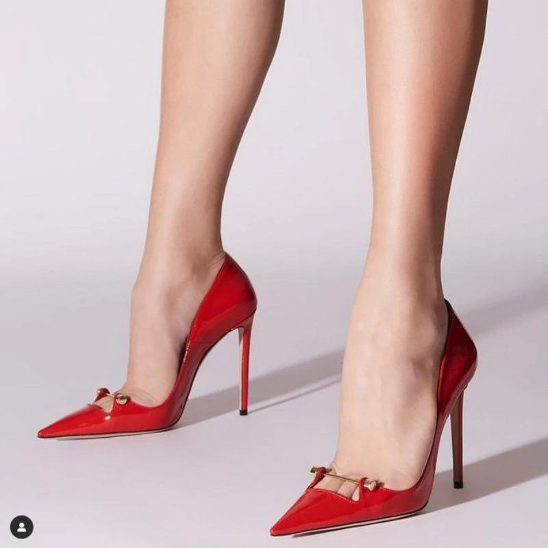 Fashion New Pointed Metal Buckle Women High-heeled Shoes European American Fashion Runway Styles Red Black Steel Tube Dance Single Shoes