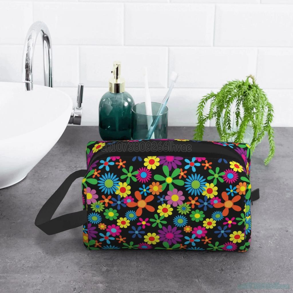 Hippie Flower Women Travel Makeup Pouch Waterproof Large-capacity Travel Cosmetic Bag with Handle Cosmetic Bag Storage Bag