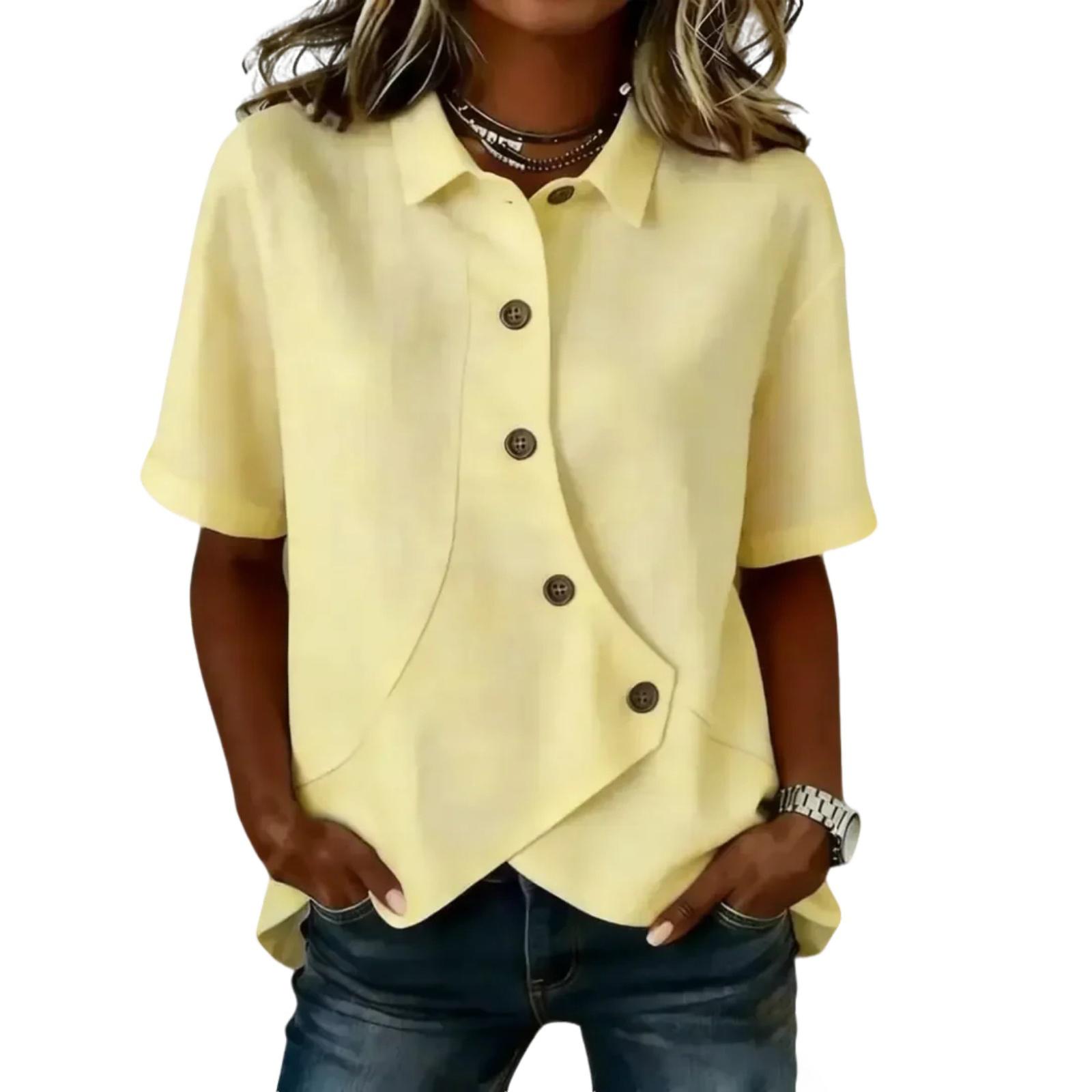 Stylish Round Neck Women s Casual  Button-decorated Cotton Linen T-shirt S жёлтый