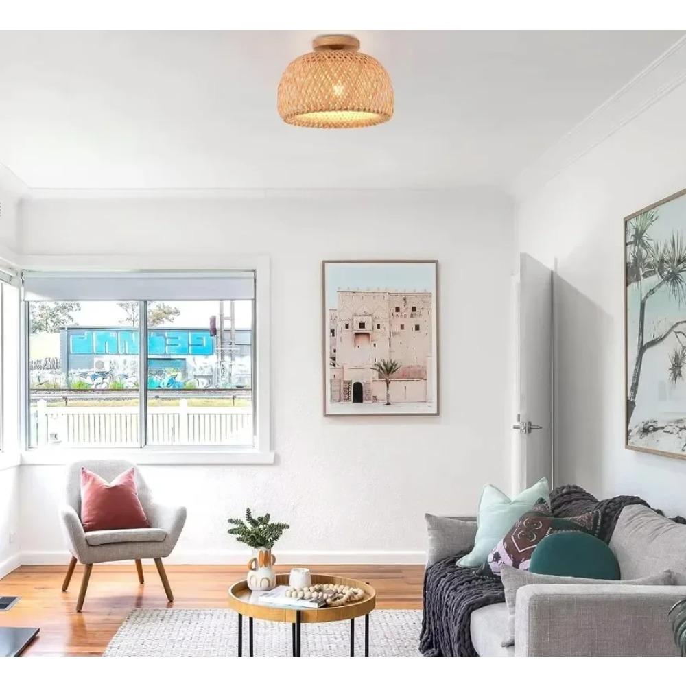 Handmade Boho Bamboo Wicker Ceiling Light Traditional Farmhouse Bedroom Nursery Hallway Balcony Tea Corridor Mount Ceiling Light