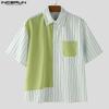 INCERUN Men Striped Shirts Casual Short Sleeve Patchwork Buttons Up Tops