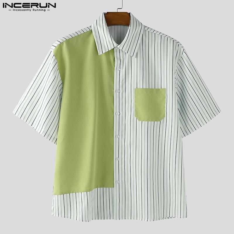 INCERUN Men Striped Shirts Casual Short Sleeve Patchwork Buttons Up Tops