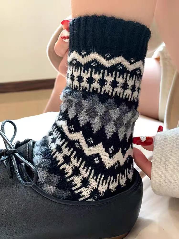 Nordic Fair Isle Wool Socks - Extra Thick Retro Ethnic Style Winter Slouch Socks