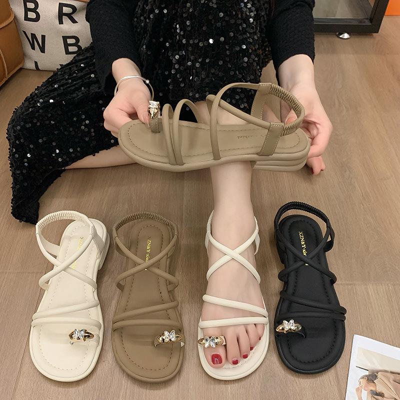 New Roman soft-soled outer wear summer flat-soled skirt beach sandals style with 2025 fairy set toe sandals female rhinestones