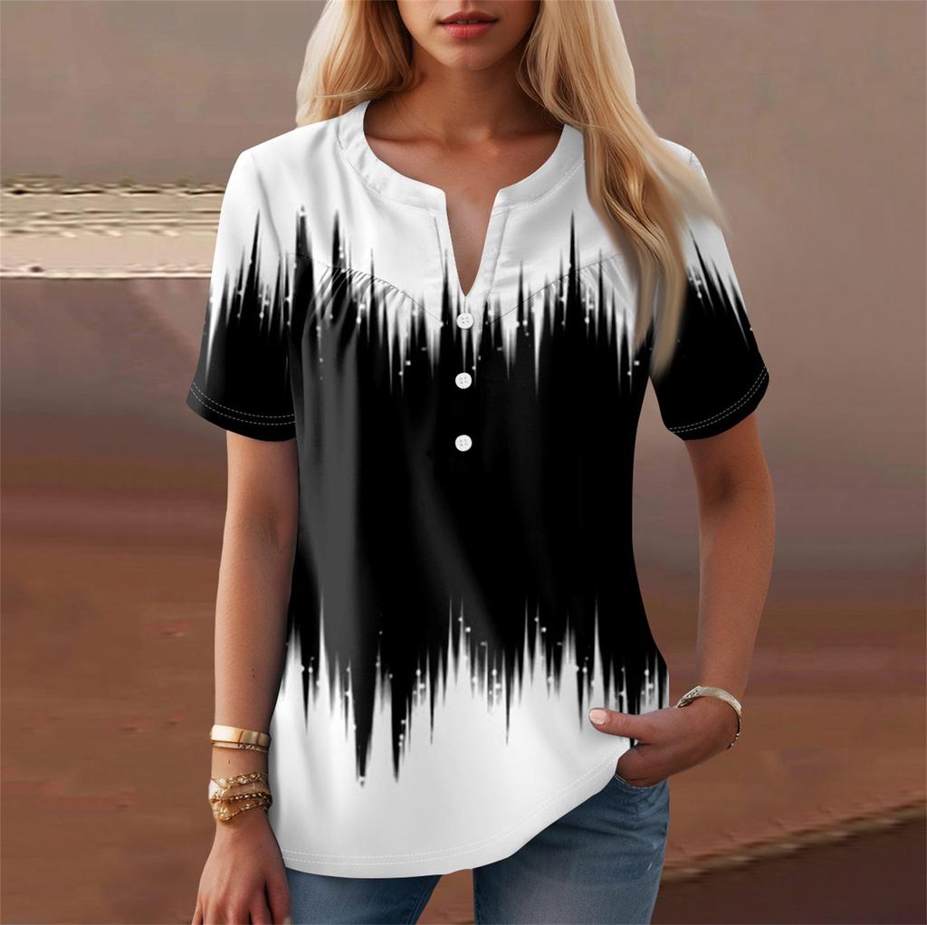 Women's Casual Floral Print V-Neck Short Sleeve Decorative Button T-Shirt Top