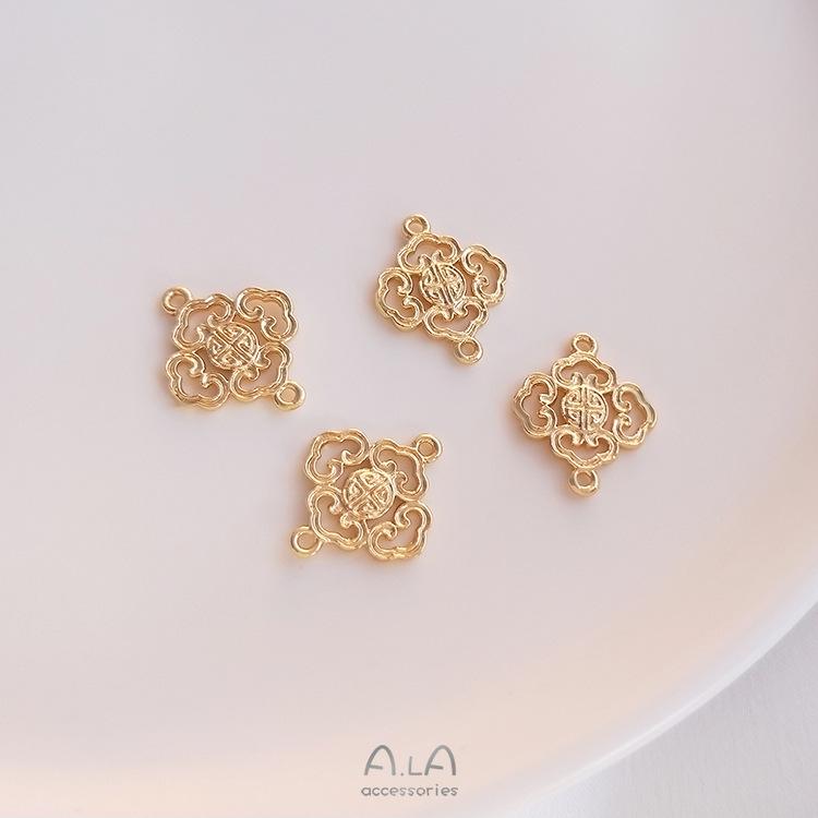 14K Gold Filled Color Preserving Double Bail Connector with Auspicious Ruyi Cloud & Plum Blossom for DIY Bracelets, Earrings, Hairpins, and Pendants.