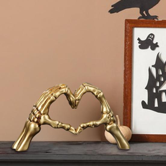 Skeleton Heart Hands Figurine Resin Love Gesture Statue Gothic Heart Shape Skeleton Hands Ornament for Home Halloween Desktop Decor