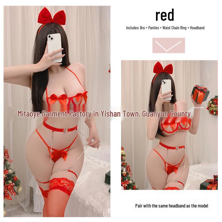 European & American Holiday Lingerie: Christmas Underwire Bow Bikini Garter Set