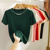 Fashion Short Sleeve Loose Knitted T Shirt Women Summer New Beading Round Neck Casual Women's T-shirt Tops Elegant Slim Fit Simple Woman Tee 26235