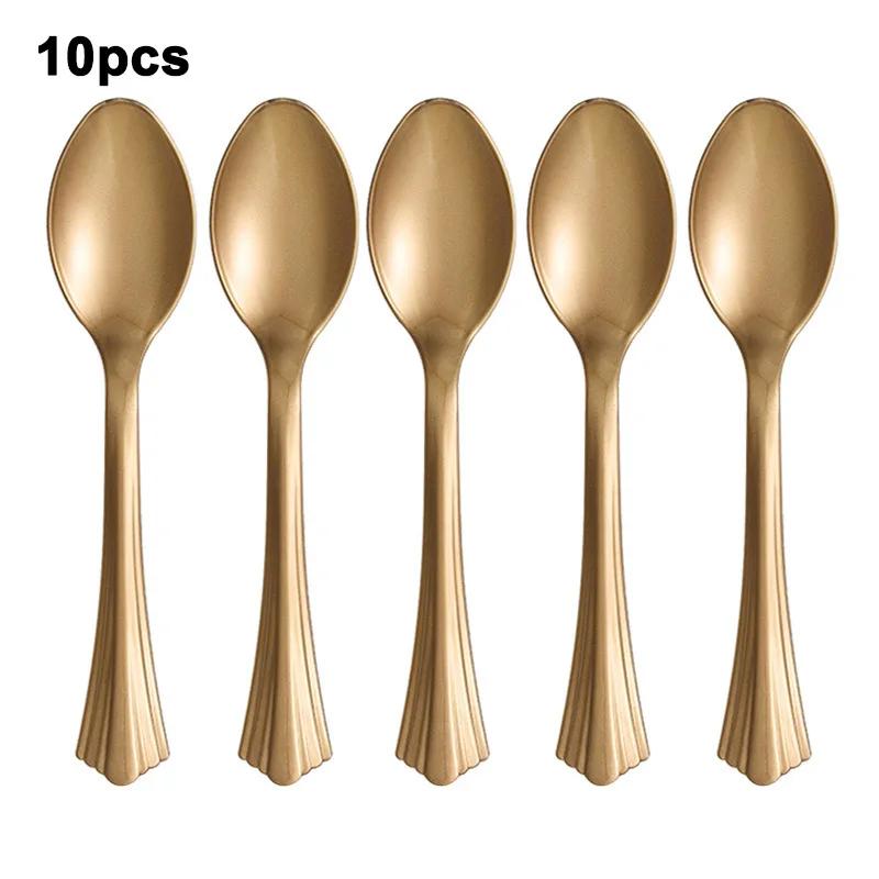 

Набор из 10 шт. Гальванизированные золотые пластиковые столовые приборы Ложки Вилки Нож Ножи Вилки Ложки для вечеринки по случаю дня рождения Одноразовый набор посуды
