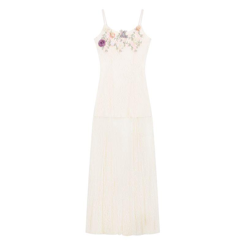 

Stylish Exquisite Flowers Lace Splicing Sling Maxi Dress Women s Summer Seaside Vacation Style Temperament Dress Flower Fog Apricot M