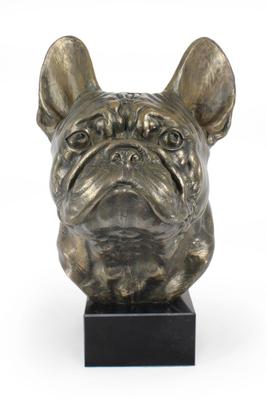 Buldog francuski, Frenchie - popiersie psa, duża statua, głowa psa na kamiennej podstawie, dekoracja biura marki